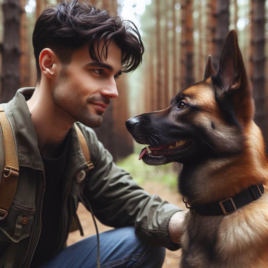 Homme regardant son chien d'un air complice